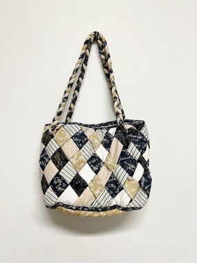 Womens Black White Tan Coffee Themed Boho Lagenlook Quilted Patchwork Tote Bag